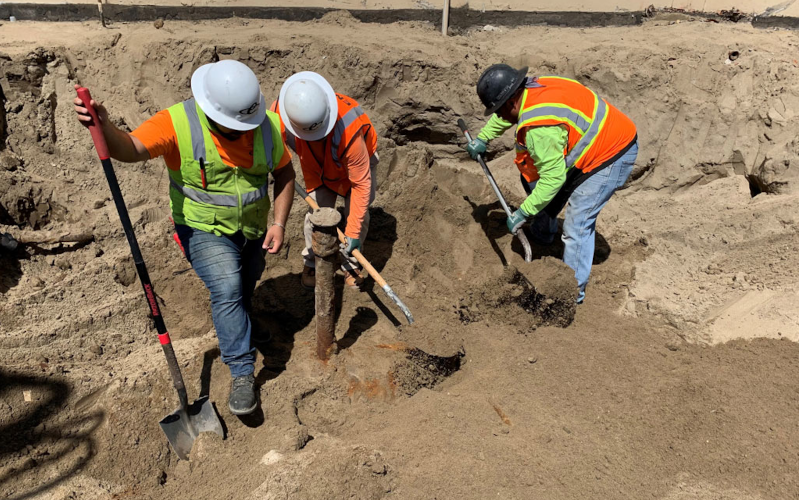 UST excavation area with shoring at an operating facility.