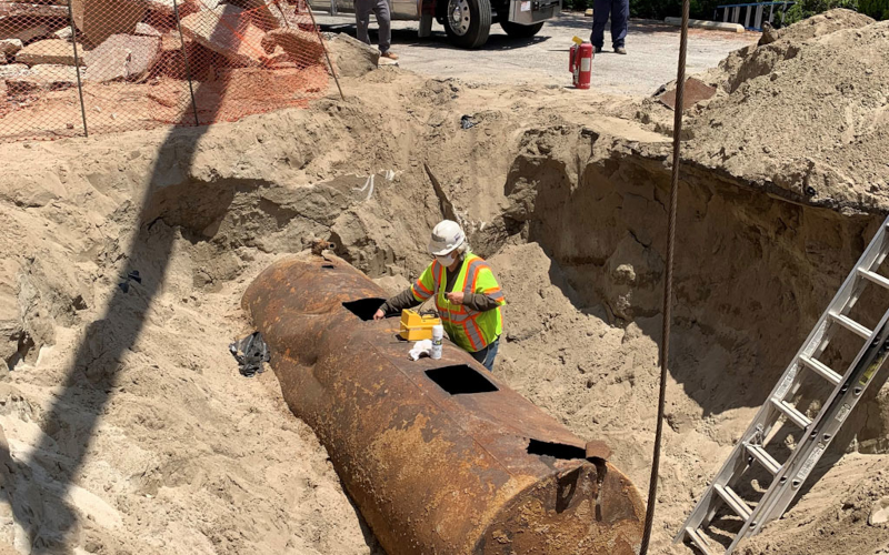 Cleaned underground storage tank staged for transport.